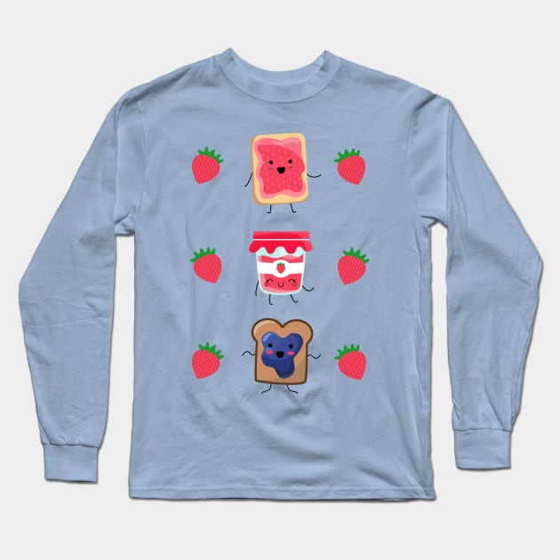 Breakfast Is Jammin’ and strawberries Long Sleeve T-Shirt by EuGeniaArt